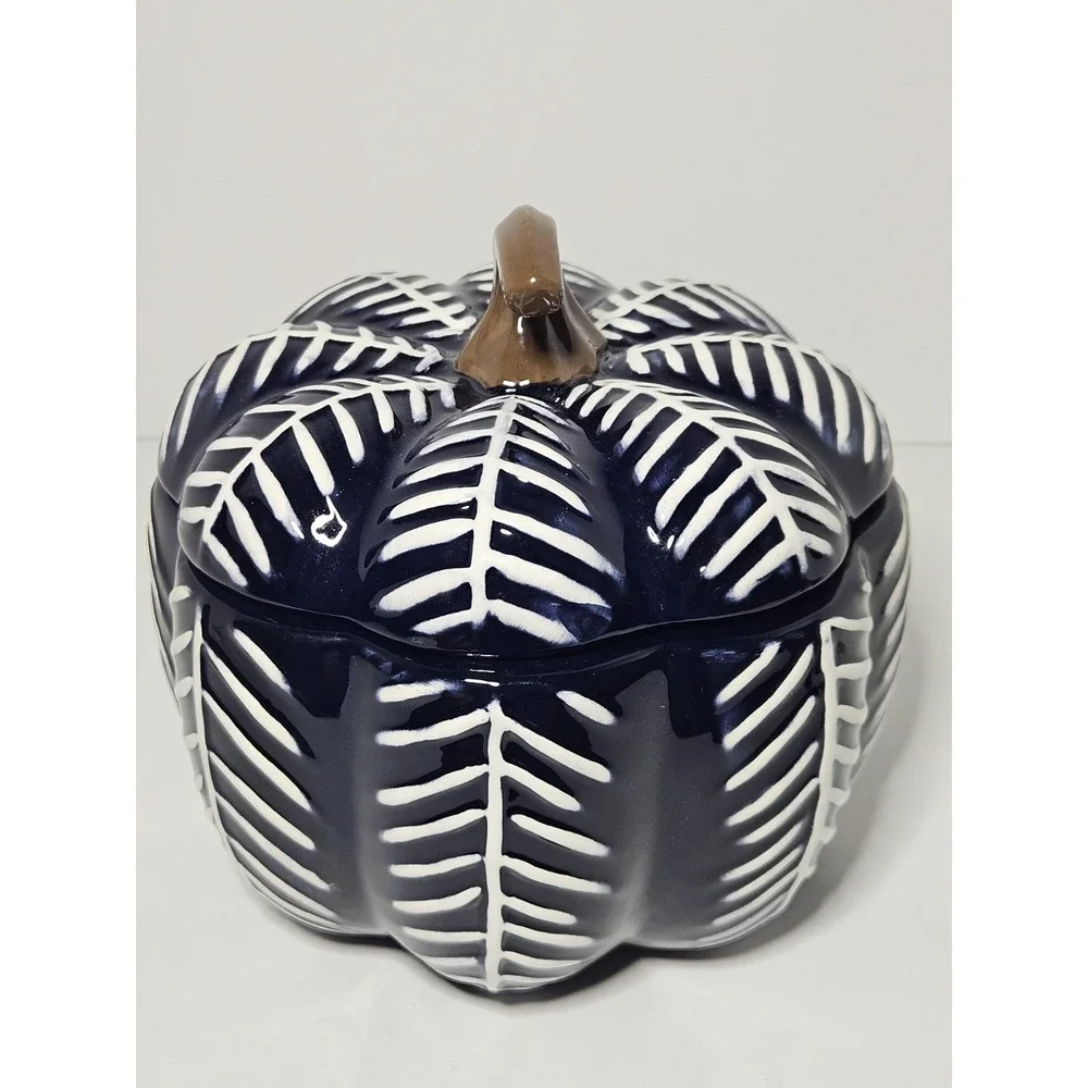 Blue White Ceramic Pumpkin Lidded Candy Dish Jar Thanksgiving Fall Decor 7in